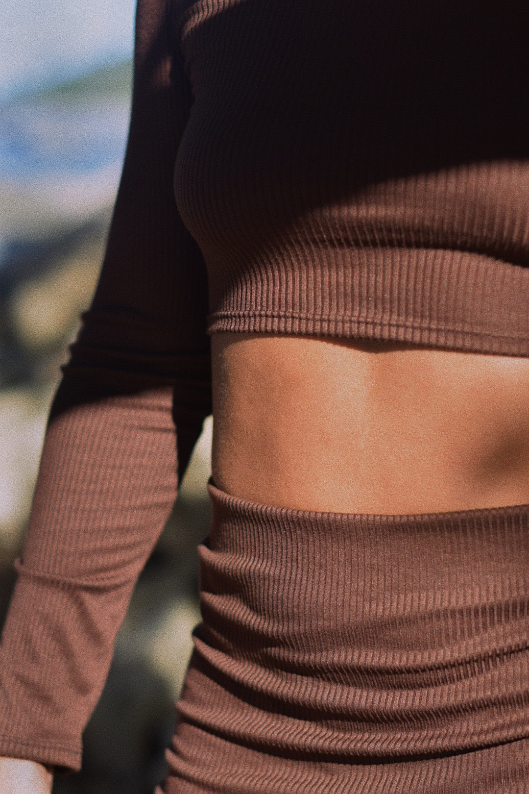 Ribbed, Cropped Long Sleeve - Brown