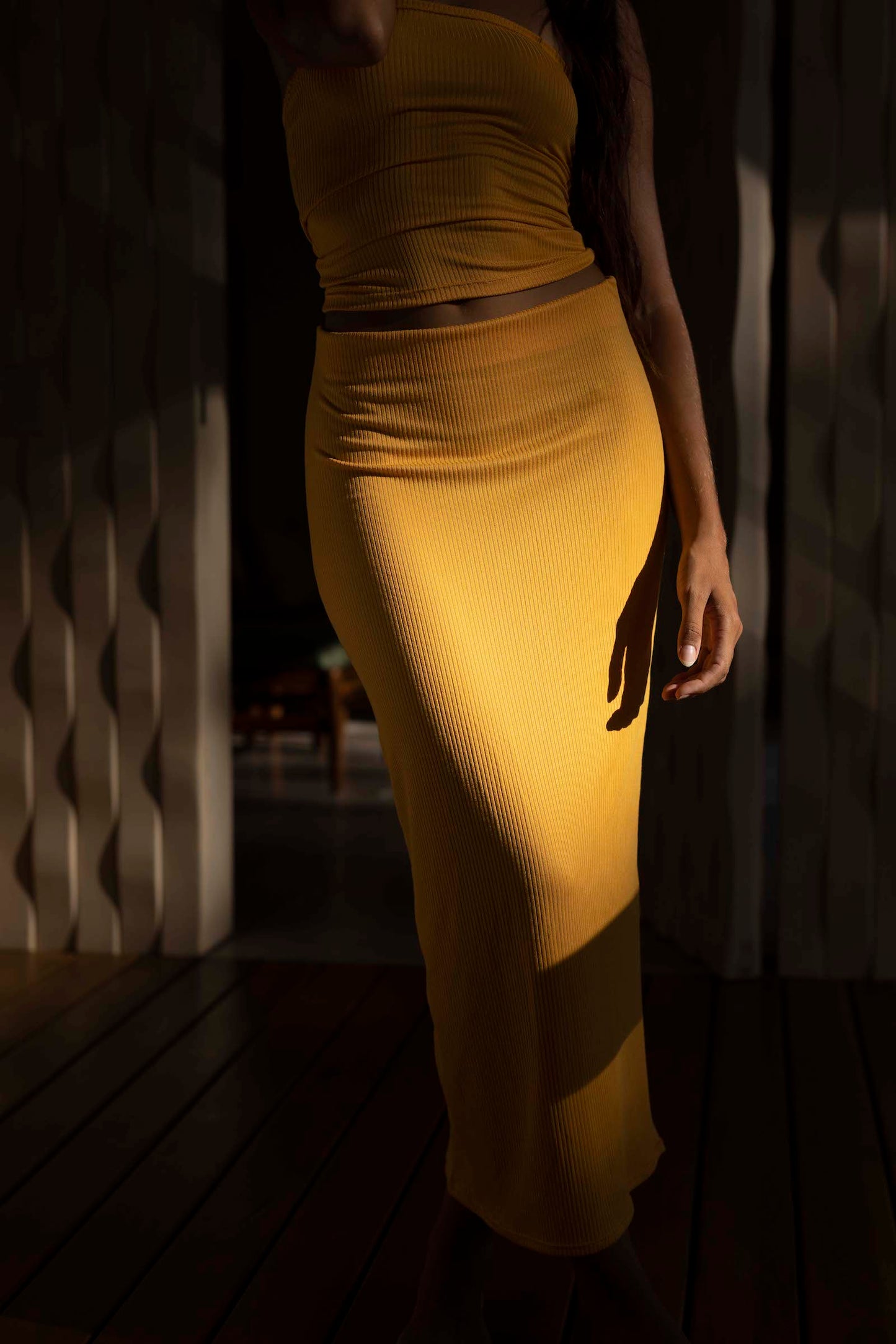 Ribbed Long Skirt - Yellow