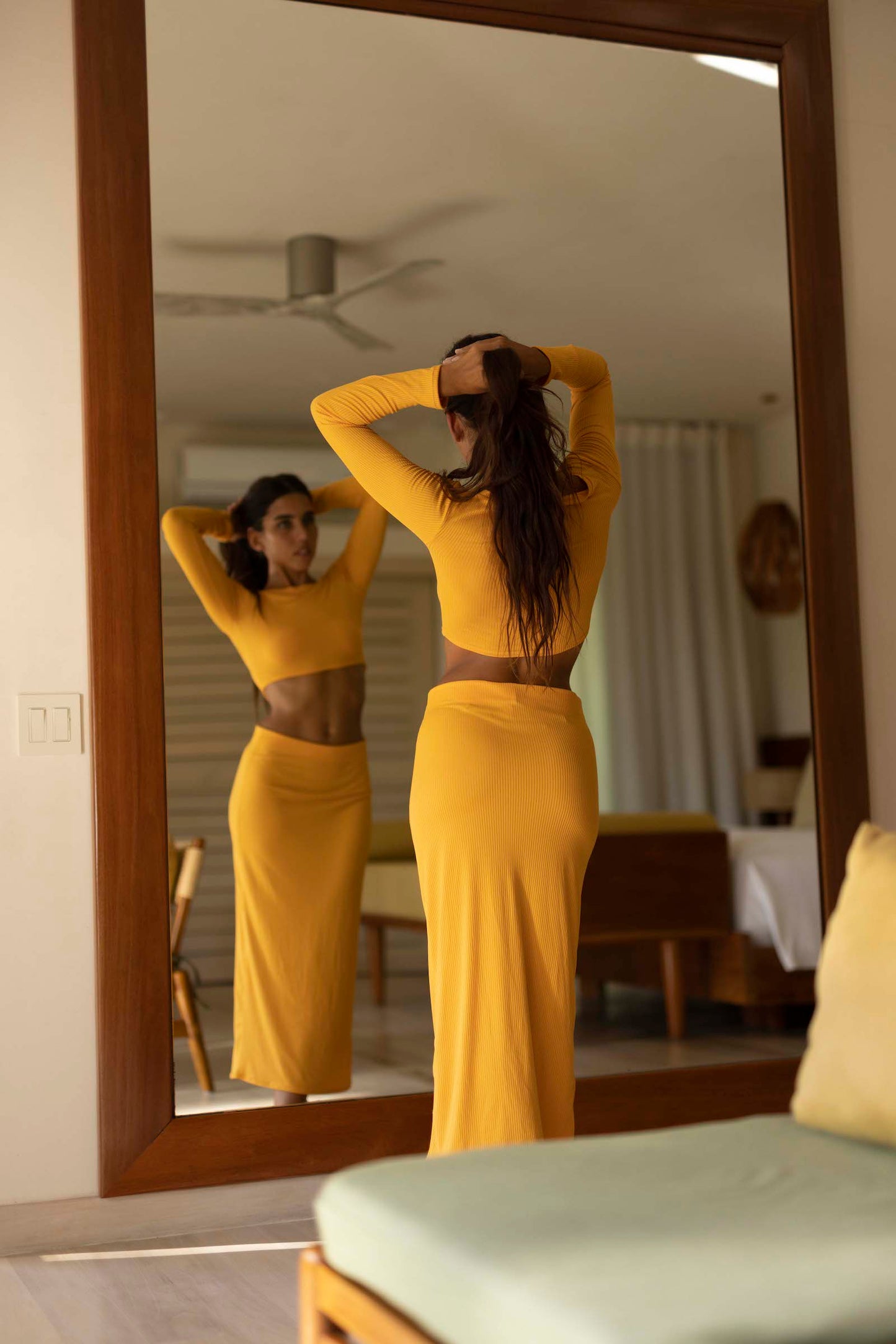 Ribbed Long Skirt - Yellow