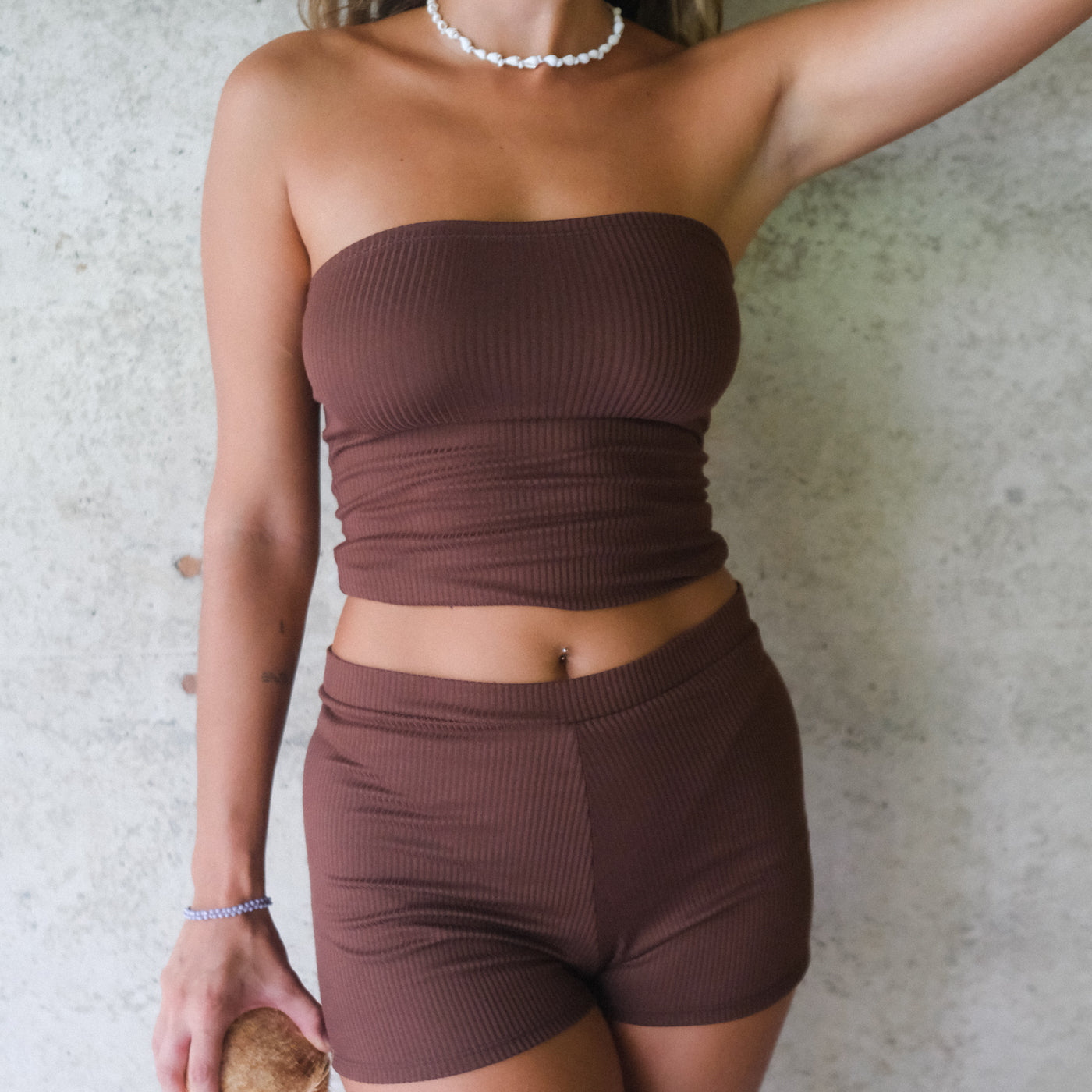 Ribbed Fitted Shorts - Brown